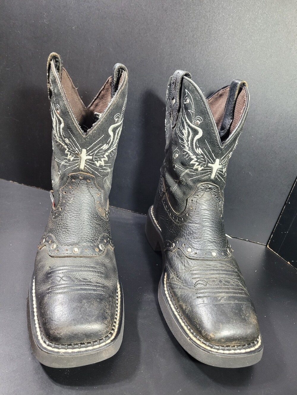 Justin Gypsy Mandra Black Leather Cowboy Boots Women's Size 7 B Wings Cross Stud